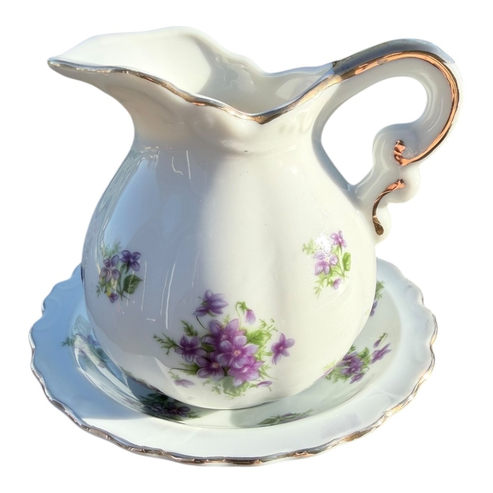 Vintage Lefton China Creamer and Saucer Set 01967 White Purple Violets Gold Trim